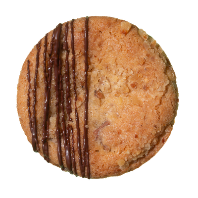 A golden round cookie with a crumbly texture and drizzled with dark chocolate, on a white isolated background
